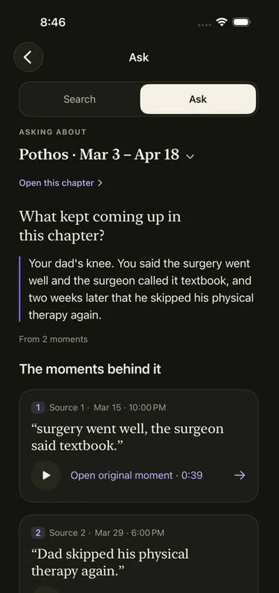 Ask answer with numbered source moments and Open original moment controls